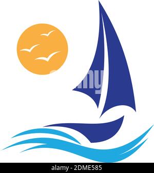 Simple and elegant sailboat vector concept design with abstract wave and sun. Marine boat transport symbol. Vector illustration EPS.8 EPS.10 Stock Vektor