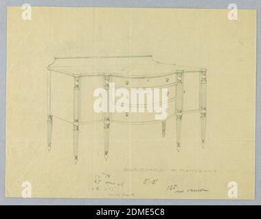 Design für Sideboard auf sechs Beinen mit drei Schubladen, A. N. Davenport Co., Graphit auf dünnem cremefarbenem Papier, Sideboard mit Vorderseite, die durch vertikale geriffelte und gedrehte Säulenstücke optisch in drei Abschnitte unterteilt ist; konvexer Mittelteil enthält drei Schubladen, jeweils mit zwei runden Ziehpunkten und einem Schlüsselloch in der Mitte; niedrige Rückwand an der Rückseite der Oberseite., 1900–05, Möbel, Zeichnung Stockfoto