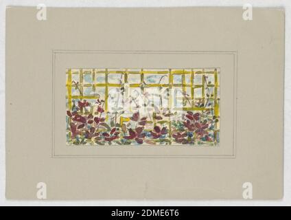 Design für Glasmalerei, Alice Cordelia Morse, amerikanisch, 1863–1961, Pinsel und Gouache auf Papier, auf Illustrationstafel montiert, Chartreuse Spalier mit burgunderroten Blumen., USA, Ende des 19. Jahrhunderts, Architektur, Innenräume, Zeichnung Stockfoto