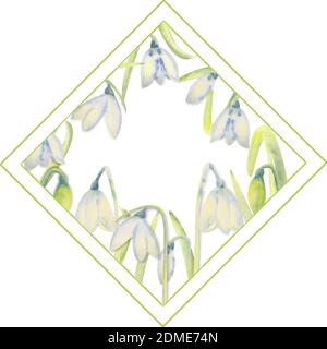 Romantic spring frame with snowdrops on the outside edge on a white isolated background. Watercolor painting. Stock Vector