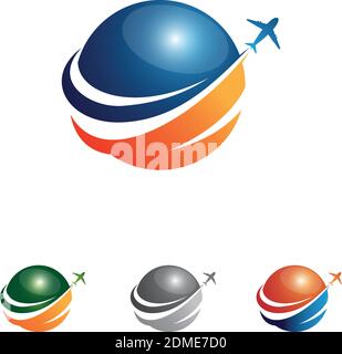 Vektor bunte Reisebüro Icon Design-Idee mit Illustration Globus und Flugzeug. Erstaunliche Destinationen kreative Symbol-Konzept. Vektorgrafik Stock Vektor