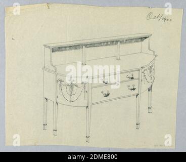 Design für Sideboard mit neoklassischem Ornament, A.N. Davenport Co., Graphit auf cremefarbenem Tapezierpapier, Oblong-Sideboard mit 6 geraden, spitz zuspreizenden Beinen; flache Vorderseite mit drei Schubladen, die in zwei Reihen angeordnet sind; neoklassizistische Motive von Patera-Medaillons, florale Girlanden und gebundene Bänder schmücken die Vorderecken; Erhöhte backsplash und 2 kleine Säulen mit Voluten Unterstützung oberen Regal., Oktober 1900, Möbel, Zeichnung Stockfoto