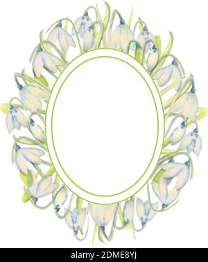 Romantischer Frühlingsrahmen mit Schneeglöckchen am äußeren Rand auf weißem, isoliertem Hintergrund. Aquarellmalerei. Stock Vektor