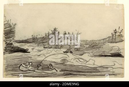 Fishermen in the Rapids, Winslow Homer, Amerikaner, 1836–1910, Crayon auf Papier, Skizze der Stromschnellen, an deren Fuß ein Kanu steht, das von zwei männlichen Figuren gepaddelt wird, mit einem dritten Fischfang., USA, 1897, Landschaften, Zeichnung Stockfoto