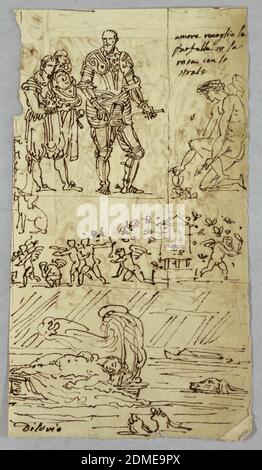 Anbetung der Hirten; Arcagle St. Michael nach Raphael; St. Margarite nach Raphael; Aloof de Wignancourt von Caravaggio; Putti; Studie der Sintflut; Verso: Disposition nach Volterra; St. Ceclia nach Raphael; Teil der Ehe von Heinrich IV. Mit..., Felice Giani, italienisch, 1758–1823, Feder und dunkelbraune Tinte über Graphitspuren auf cremefarbenem Papier, Anbetung der Hirten; Arcagle St. Michael nach Raphael; St. Margarite nach Raphael; Aloof de Wignancourt von Caravaggio; Putti; Studie der Sintflut; Verso: Disposition nach Volterra; St. Ceclia nach Raphael Stockfoto