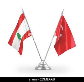 Türkei und Libanon Tischflaggen isoliert auf weißem 3D-Rendering Stockfoto