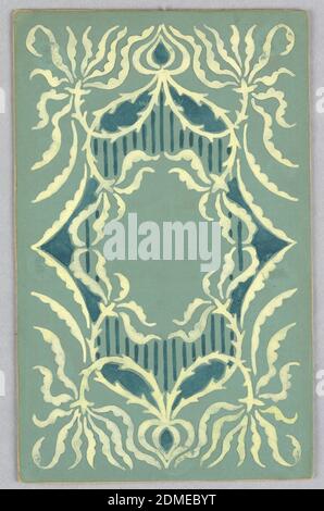 Design for a Book Cover, Alice Cordelia Morse, American, 1863–1961, Pinsel und Gouache auf Papier, auf meergrünen Boden, weiß-dunkelgrünes Design; Kartusche umrahmt von offenem Mundrand mit Reben., USA, ca. 1896, Grafikdesign, Zeichnung Stockfoto