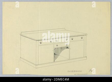 Design für Sideboard 'A' von Mahagoni, A.N. Davenport Co., Graphit auf dünnem Papier, massive rechteckige Sideboard über geformtem unteren Regal; Nische unter zwei Schubladen, Mitte vorne; einzelne Schublade mit Schrank unten auf beiden Seiten der Nische; niedrige backsplash., 1900–05, Möbel, Zeichnung Stockfoto