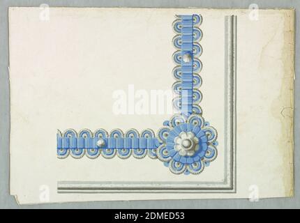 Randecke, Block-gedruckt auf maschinengemachtes Papier, Ecke für einen Tapetenrand. Dient für Gelegenheiten, wenn Rahmen verwendet werden, um Platten oder Dados zu umreißen. Blau-weißes Band mit Eckrosette, auf weißem Grund., England, 1850–60, Wandverkleidungen, Bordüre Stockfoto