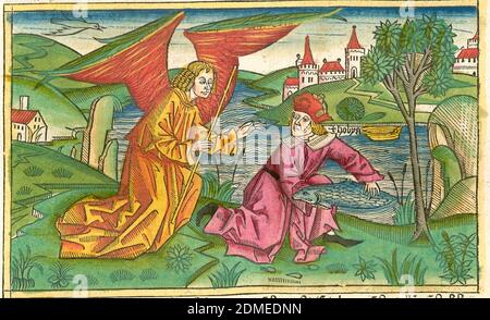 Tobiah und der Engel, kolorierter Holzschnitt aus der Koberger Bibel aus dem 15. Jahrhundert Stockfoto
