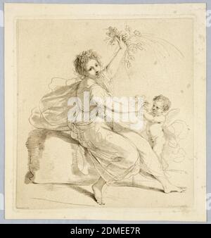 Flora, with a Boy, Francesco Bartolozzi, italienisch, Active England, 1727–1815, Giovanni Francesco Barbieri (genannt Guercino), italienisch, 1591 – 1666, Gravieren in brauner Tinte auf weißem Papier, Flora sitzend, Mitte, nach rechts gewandt, überreicht ihr ein Putti einen Strauß, während sie einen anderen in der linken Hand winkt. Blumen und Blätter im Haar., Italien, ca. 1760–1770, Drucken Stockfoto