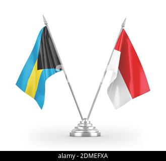 Indonesien und Bahamas Tischflags isoliert auf weißem 3D-Rendering Stockfoto