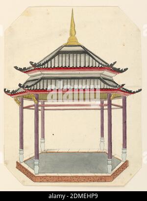 Design for a Chinese Pavilion, Frederick Crace, Englisch, 1779–1859, Pinsel und Aquarell, Stift und Tinte auf Papier, vertikales Rechteck. Ein sechseckiges Gebäude im Plan. Sechs Säulen stützen das zweistöckige Dach. Das Gebäude ist von allen Seiten offen und steht auf einem Podium., Original-Album mit dieser Sammlung verbunden existiert noch. Siehe 1948-40-1 Zubehör, England, 1815–22, Architektur, Zeichnung Stockfoto