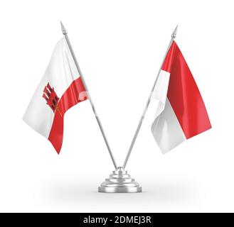 Indonesien und Gibraltar Tischflags isoliert auf weißem 3D-Rendering Stockfoto