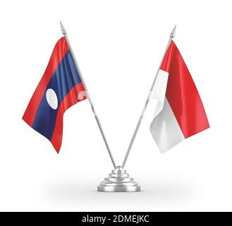 Indonesien und Laos Tabellenflags isoliert auf weißem 3D-Rendering. Stockfoto