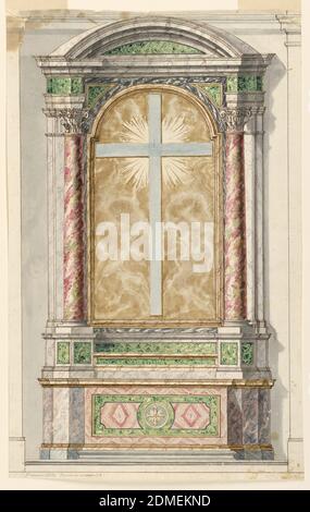 Projekt für einen Kreuzaltar: Hauptsächlich mit farbigen Murmeln, Bleistift, Stift, Tinte, Pinsel und verschiedenen Wasserfarben auf Papier ausgeführt werden, Vertikale Komposition eines Kreuzaltars. Ein Schritt führt zur oberen Fläche des Altars, der mit einer länglichen Tafel mit einem Kreuz im Kreis verziert ist. Die Oberseite des Altars ist mit einem runden Giebel ausgestattet. Die Wand des Tischs ist mit einer gerahmten Tafel in Form eines Bildes mit einem Kreuz und einem strahlenden Glanz verziert. Schatten ist nach rechts geworfen., Italien, 1700–1730, Religion, Zeichnung Stockfoto