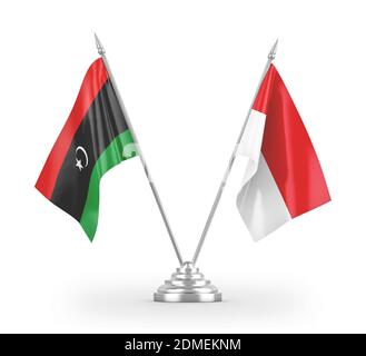 Indonesia and Libya table flags isolated on white 3D rendering Stockfoto