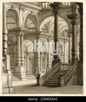 Bühnenbild, Portico mit Treppe, Stift und brauner Tinte, Pinsel und brauner Wasch, Graphit auf Webe-Papier, Vertikales Rechteck. Renaissance-Stil Portikus mit Treppe, reich verziert., Italien, Anfang des 19. Jahrhunderts, Theater, Zeichnung Stockfoto