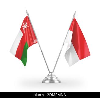 Indonesien und Oman Tischflags isoliert auf weißem 3D-Rendering Stockfoto