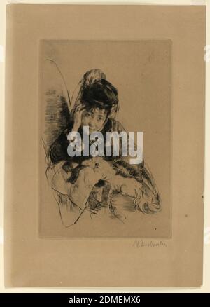 Madame Desboutin, Marcellin Desboutin, Französisch, 1823 - 1902, Drypoint in schwarzer Tinte auf cremefarbenem Papier, EINE Frau in einem Sessel sitzend hält einen kleinen schlafenden weißen Hund auf dem Schoß., Frankreich, ca. 1885, Drucken Stockfoto