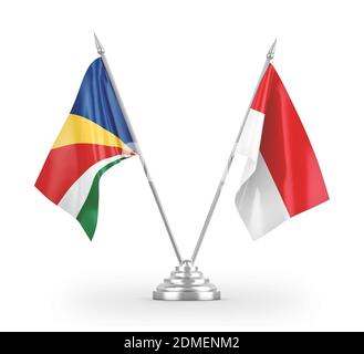 Indonesien und Seychellen Tischflags isoliert auf weißem 3D-Rendering Stockfoto