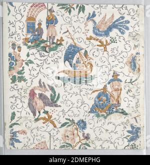 Seitenwand, Block auf durchgehendem Papier gedruckt, vertikales Rechteck. Chinoiserie-Design aus acht Motiven, drei mit menschlichen Figuren, zwei mit einer Art phönix und drei mit Blumen; weißes Feld mit schlanken blau-grauen Laubrollen bedeckt. Gedruckt in Rot, Blau, Grün und neutralen Orangen auf weißem Grund. Samll Abschnitte eines ähnlichen Papiers wurden geschnitten und auf der Vorderseite dieses Stückes geklebt, um Verluste zu füllen. Auf grauem Papier montiert., England, 1845–1855, Wallcoverings, Sidewall Stockfoto