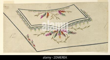 Entwurf für die Stickerei einer Herrenweste des Musters Nr. 1117 der 'Fabrique de St. Ruf', Fabrique de Saint Ruf, Lyon, Frankreich, Graphit, Pinsel und Gouache auf Papier, LINKE untere Ecke mit leicht ansteigendem unteren Rand. Schraffur und Rinzeaux, bestehend aus Biegungen und Blättern entlang der äußeren Kante. Die Tasche wird von Perlen-Schnüren und moosigen Bögen umrandet, die Ovoide bilden. Blattäste hängen in die Tasche und in das darunter liegende Feld., Frankreich, ca. 1785, Zeichnung Stockfoto