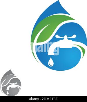 Water plumbing company logo vector concept. Negative space style logo design. Simple and stylish logotype. Water drop with pipe and water faucet. Vect Stock Vector