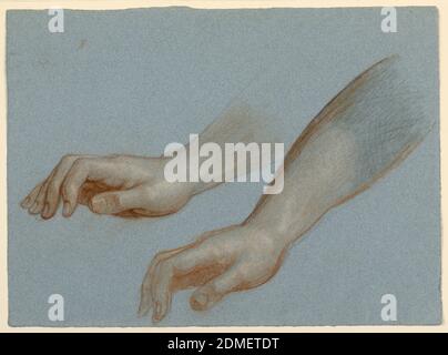 Studie von Angel's Hand für 'Mercy's Dream', Daniel Huntington, Amerikaner, 1816–1906, Brauner Buntstift, weiße Kreide, Graphit auf blauem Wove-Papier, zwei Studien der rechten Hand einer Figur. Verso: Studien in Stift und schwarzer Tinte von linkem Fuß, unterem linken Bein, rechtem Fuß und rechtem Knie., USA, 1857, Figuren, Zeichnung Stockfoto