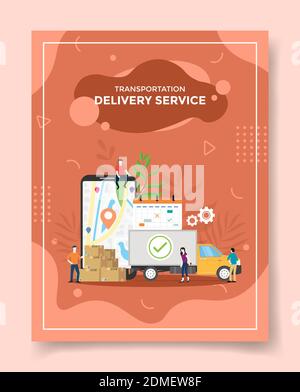 Transport Delivery Service Menschen rund um LKW-Lieferung Box Paket Smartphone gps im Bildschirm Display für Vorlage von Bannern, Flyer, Bücher Cover, Stockfoto