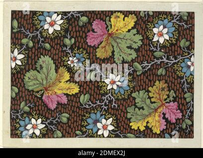 Blumenmuster für bedruckte Textilien, Louis-Albert DuBois, Schweizer, 1752–1818, Pinsel und Gouache, Graphit auf weißem Webpapier, Ahornblatt-Design, blaue und weiße Blüten auf gepunktetem braunen und schwarzen Grund., Frankreich, 1800–1818, Textildesigns, Zeichnung Stockfoto