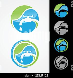 Eco Sanitär Unternehmen Logo Vektor Konzept. Negatives Logo im Space-Stil. Schlichtes und stilvolles Logo. Wassertropfen mit Rohr und Wasserhahn. Vektor Stock Vektor