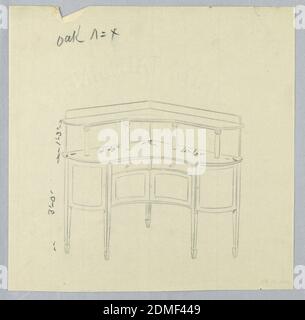 Design für Eiche Ecke Sideboard, A.N. Davenport Co., Graphite auf dünnem cremefarbenem Papier, Ecksidebrett mit konkaver Front auf fünf geraden, spitz zulaufenden Beinen; mittlere Front: Zwei geschlossene Schrankregale mit jeweils zwei Schubladen; oberes Regal mit vier kleinen Säulen, mit durchgehender Rückseite und wiederholtem Umriss der Sideboard-Oberseite; geringer Rücksplash., 1900–05, Möbel, Zeichnung Stockfoto