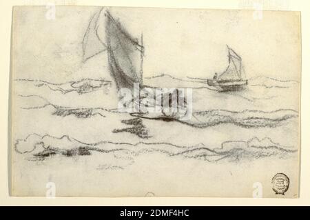 Segelboote, Winslow Homer, amerikanisch, 1836–1910, Holzkohle auf Papier, Horizontale Ansicht zweier kleiner Fischerboote, im nahen Boot ziehen Fischer in einer Linie., USA, 1895–96, Seestücke, Zeichnung Stockfoto