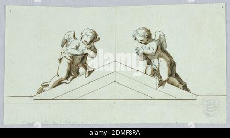 Projekt für einen Alter mit Engeln und Giebel, Graphit, Stift und Tinte, Pinsel und Wasserfarbe auf hellblauem Papier, horizontales Rechteck mit einem dreieckigen Giebel, flankiert von zwei Engeln in Anbetung., Italien, Ende des 18. Jahrhunderts, Architektur, Zeichnung Stockfoto