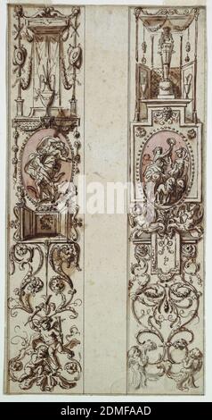 Projekt für eine bemalte Tafel, Stift und Tinte, Pinsel und Aquarell, Sepia, Graphit auf Papier, zwei vertikale Bänder mit Leuchter. In der Mitte eines jeden rosa Ovals mit Figuren., Frankreich, ca. 1805, Ornament, Zeichnung Stockfoto