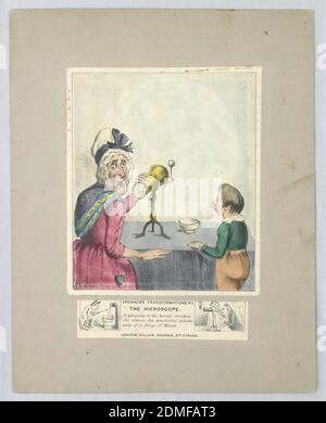 The Microscope,' Spooner's Transformations, No. 2, William Spooner, England, aktiv 1830 – 1854, Lithograph und Pinsel und Aquarell auf Papier, Titel zwischen zwei Vignetten: 'Der entsetzlichen alten Frau die wunderbaren Bewohner eines Wassertropfens anzeigen'., London, England, ca. 1838, Abbildungen, Druck Stockfoto