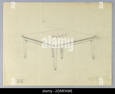Design für einen sechseckigen rechteckigen Esstisch, A.N. Davenport Co., Graphit auf dünnem cremefarbenem Papier, rechteckige Formplatte mit über die Mitte verlaufender Trennstrebe, angehoben auf 6 [5 abgebildet] leicht zulaufende Beine auf Rollen., 1900–05, Möbel, Zeichnung Stockfoto