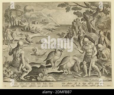 Indianer fangen Fische mit Hilfe von Pelikanen, Platte 23 in der venationes Ferarum, Avium, Piscium-Serie, Jan van der Straet, genannt Stradanus, Flämisch, 1523–1605, Karel van Mallery, Philips Galle, Flämisch, 1537 - 1612, Gravur auf Papier, Horizontales Rechteck. Eine Bucht, in der Männer auf beiden Seiten am Ufer stehen und den Pelikanen beim Sammeln von Fischen in ihren Beuteln zusehen. Jeder Vogel trägt einen Ring um seine Kehle, um zu verhindern, dass er seinen Fang verschluckt. Im Vordergrund, rechts, löst ein Pelikan den Fisch vor seinem Meister. In der Nähe des linken Zentrums: 'Ioan. Stradanus erfinden.' Stockfoto