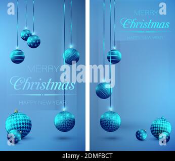 Christmas decorations, glass balls. Christmas, New Year greeting cards design, holiday banner. Decorations, shiny glass balls on blue background. Real Stock Vector