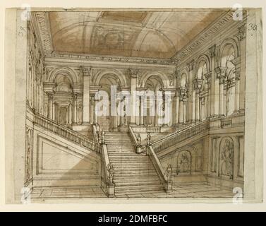 Bühnenbild, Palace Interior, Stift und Tinte, Pinsel und Bistre waschen, Graphit auf Papier, Horizontal Rechteck. Treppe im Palast mit Portikus an der Spitze der Treppe. Einige Details nur in Graphit, möglicherweise unvollendet., Italien, Anfang des 19. Jahrhunderts, Theater, Zeichnung Stockfoto