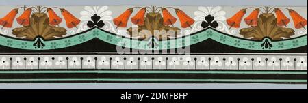 Frieze und Bordüre, Blockdruck auf handgefertigtem Papier, aufgehängt in gewölbtem Rahmen mit Anhängern, orangefarbene Blüten an braunem Laub., Frankreich, 1820–35, Wallcoverings, Frieze und Bordüre Stockfoto