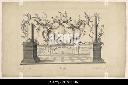 Rocaille-Motive und Dados, aus Satz Nr. 120, Franz Xaver Habermann, deutsch, B. Polen, 1721–1796, Johann Georg Hertel, deutsch, ca. 1700–1776, Radieren auf Papier, Platte 3. Zwei Säulen stehen vor den Enden eines Dado. Rocaille-Motive., Augsburg, Deutschland, 1750-1770, Druck Stockfoto