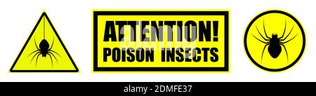 Angriff von giftigen Insekten, Spinnen. Set von gelben schwarzen Gefahrenschildern, Achtung. Isolierter Vektor Stock Vektor