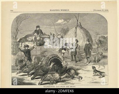 Thanksgiving Day – Ways and means, Winslow Homer, Amerikaner, 1836–1910, Harper's Weekly, Holzstich in schwarzer Tinte auf Papier, Puten aufrunden und Kürbisse einbringen. Obere Hälfte der Seite., USA, 27. November 1858, Abbildungen, Druck Stockfoto