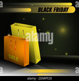 Realistische mehrfarbige Pappverpackungen auf schwarzem Hintergrund. Konzept SCHWARZER FREITAG. Verkäufe, Rabatte auf Waren für Käufer. Vektor Stock Vektor