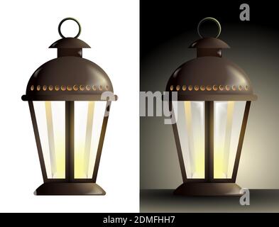 Realistische Straßenlampe mit einer Kerze im Inneren und transluzenten Glaswänden. Laternen und Beleuchtung für den Urlaub. Warmes und gemütliches Licht. Farbvektor Stock Vektor