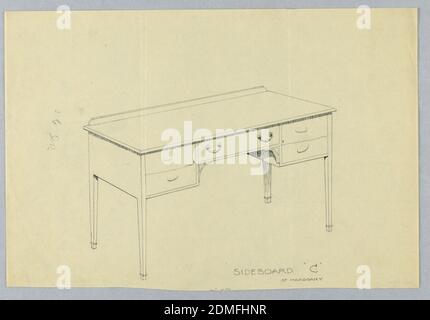 Design für Sideboard 'C' von Mahagoni, A.N. Davenport Co., Graphit auf dünnem cremefarbenem Papier, rechteckiges Sideboard auf vier spitz zulaufenden geraden Beinen mit einer zentralen Schublade mit zwei großen, von einem Paar auf kleineren Schubladen flankierten Griffen, eine auf beiden Seiten., Boston, MA, USA, 1900–05, Möbel, Zeichnung Stockfoto