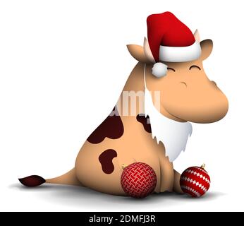 happy little bull, symbol of 2021 to Chinese calendar, sits in hat and beard of santa claus and with Christmas tree decorations. New Year in good mood Stock Vector