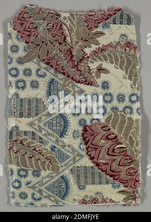 Fragment, Medium: silk, metallic yarns Technique: compound weave, Silk fragment showing design of red and metallic flowers against a blue and white geometric background against a white horizontally ribbed ground., possibly France, late 17th–early 18th century, woven textiles, Fragment Stock Photo